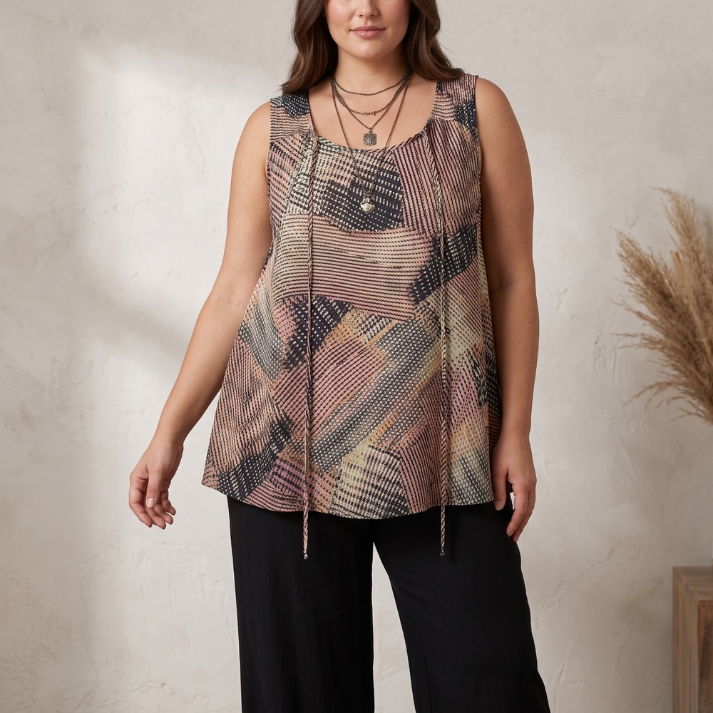 SJS Boho Abstract Geometric Patchwork Top Sleeveless Tie Neck Y2K Office Art 2X